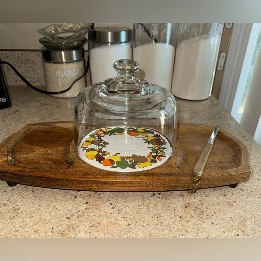 Vintage teakwood bread tray with knife